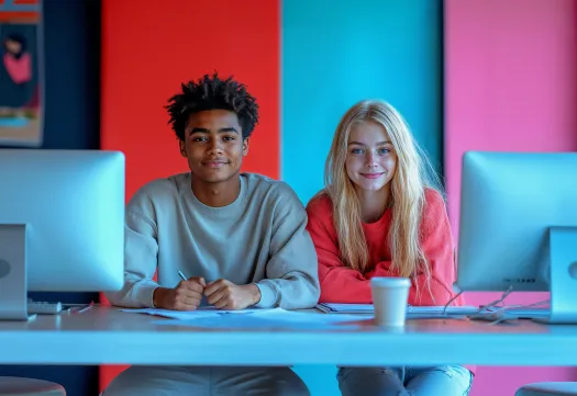 Deux étudiants assis côte à côte devant des ordinateurs, sur fond coloré bleu, rouge et rose. 